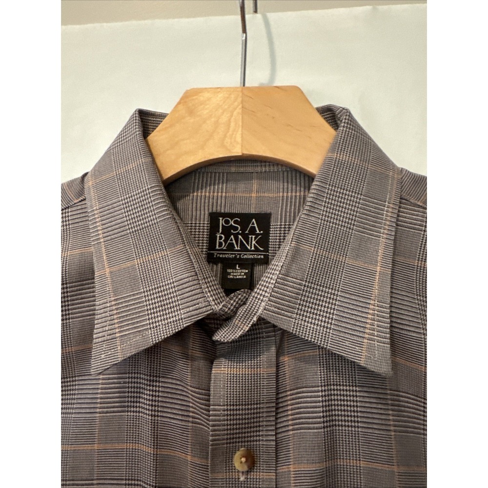 Jos A Bank Traveler Shirt Men LG Black/RUST Plaid Button Up Long Sleeve